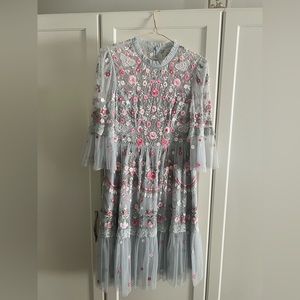 Needle & Thread Butterfly Meadow Embroidered Tulle Dress In Blue.